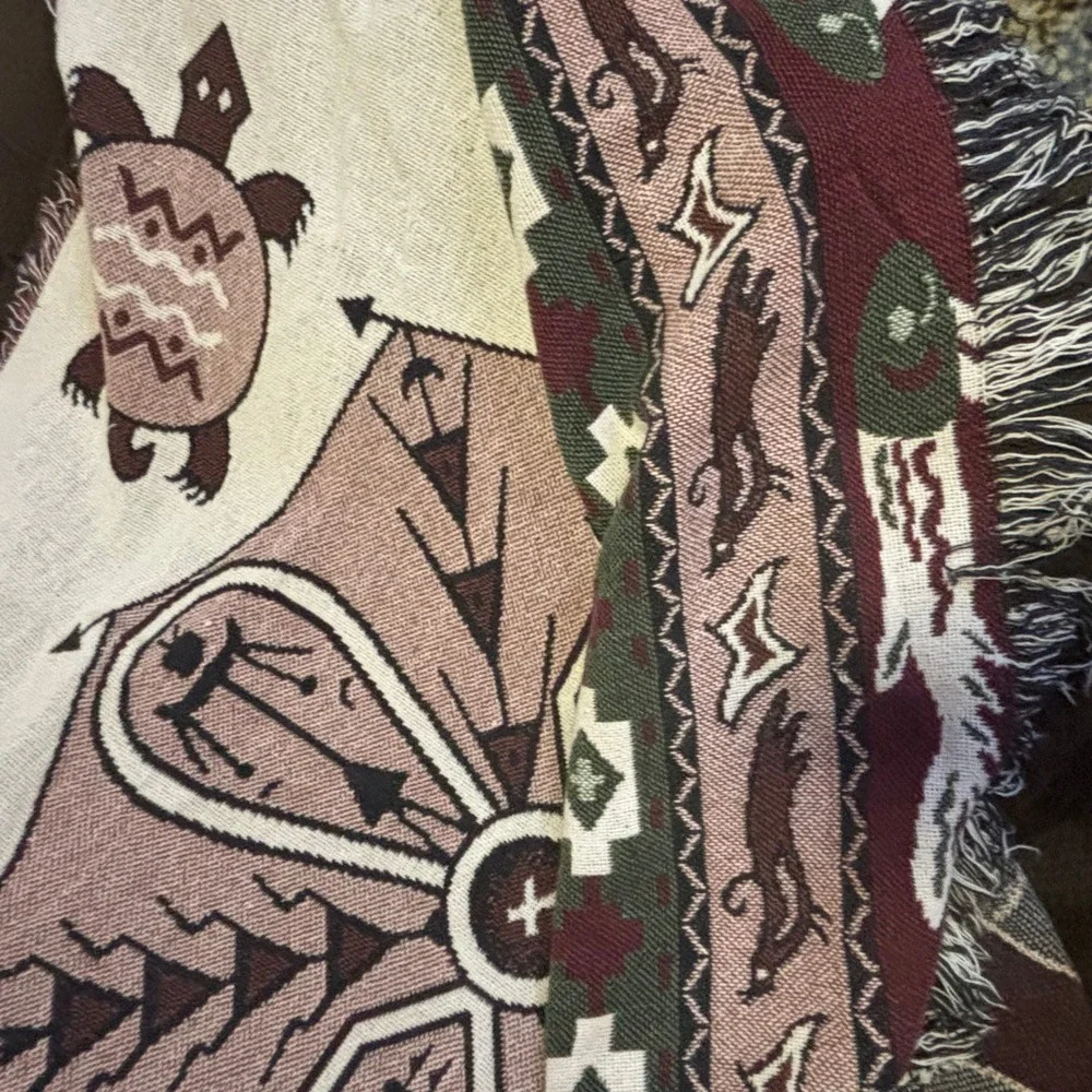 Vintage Woven Tapestry Throw Southwest Turtle Frog Cream Brown Green Blanket